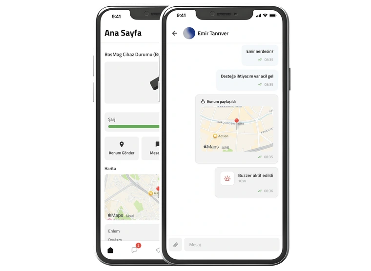BosApp mobil uygulamasının ana sayfa ve sohbet ekranları