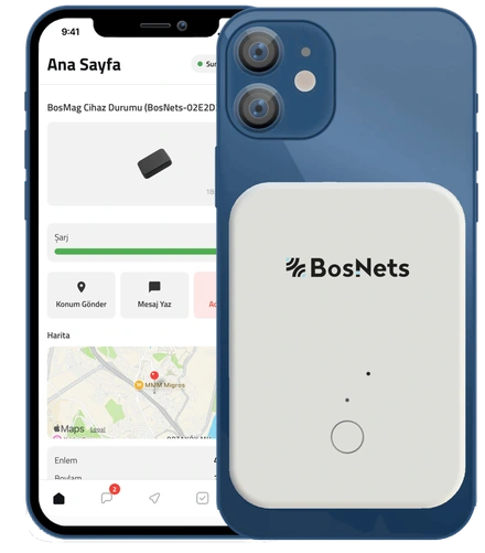 Cep telefonunun arkasına manyetik olarak sabitlenmiş BosMag cihazı ve BosApp uygulama ekranı